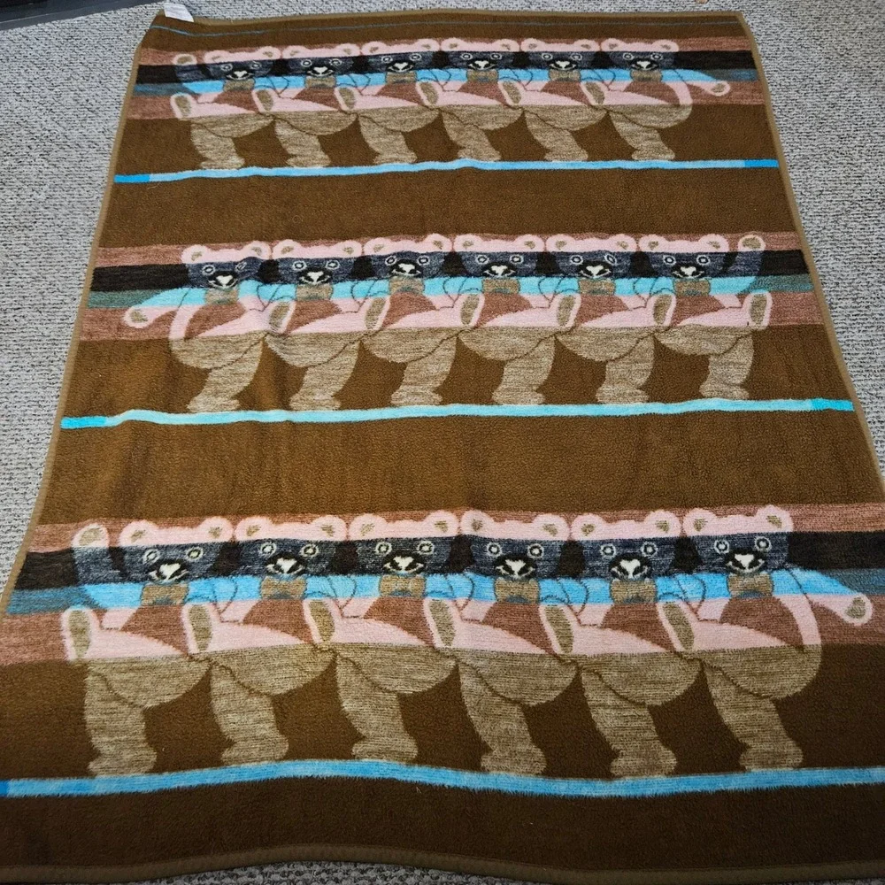 Vintage Biederlack Dancing Teddy Bear Blanket Fleece Reversible Brown Cream USA